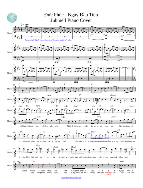 Đức Phúc - Ngày Đầu Tiên Jubinell Piano Cover | Lyrics + Sheet Music + Karaoke