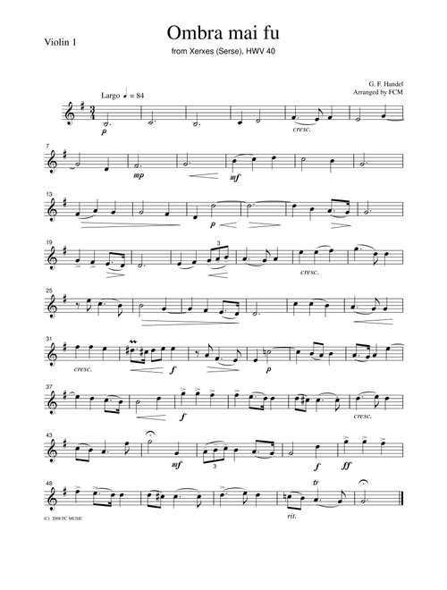 Handel  Ombra mai fu (Largo), for string quartet, CH107 (Arr. FCMUSIC) (String Quartet)