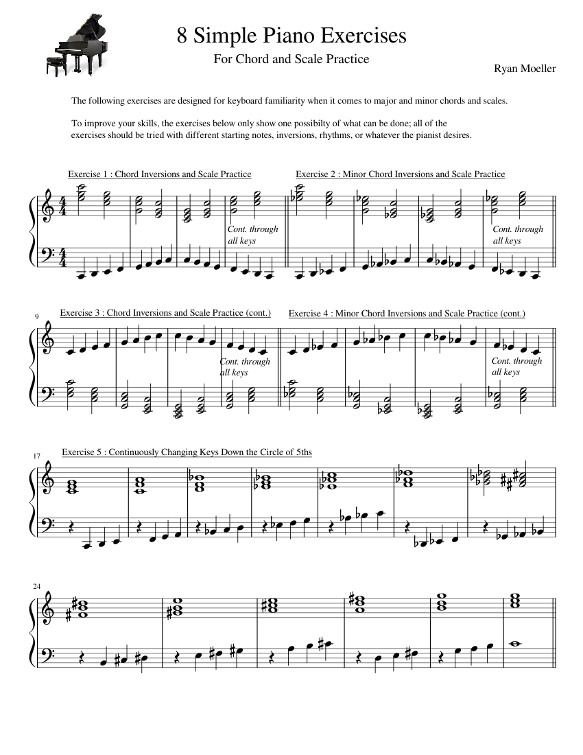 8 Simple Piano Exercises - For Chord and Scale Familiarity Sheet Music ...