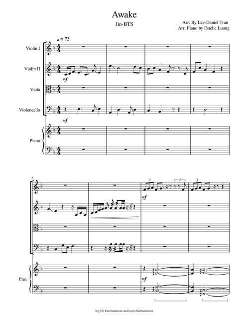 Awake – Jin (from BTS) for String Quartet & Piano Accompaniment (Transposed to F Major)
