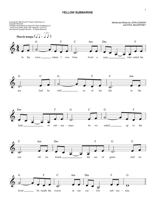 Yellow Submarine - The Beatles (Easy Lead Sheet - Fake Book)