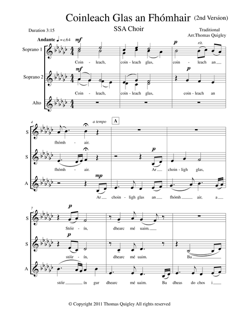 Coinleach Glas an Fhómhair (2nd Version) (Arr. Thomas Quigley) - Irish Traditional (Choral, SSA)