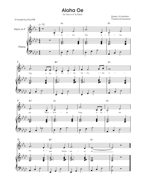Aloha Oe - Horn in F & Piano in Ab Major Easy With Lyrics & Chords (Arr. MissoRB) - Queen Liliʻuokalani (French Horn and Piano)