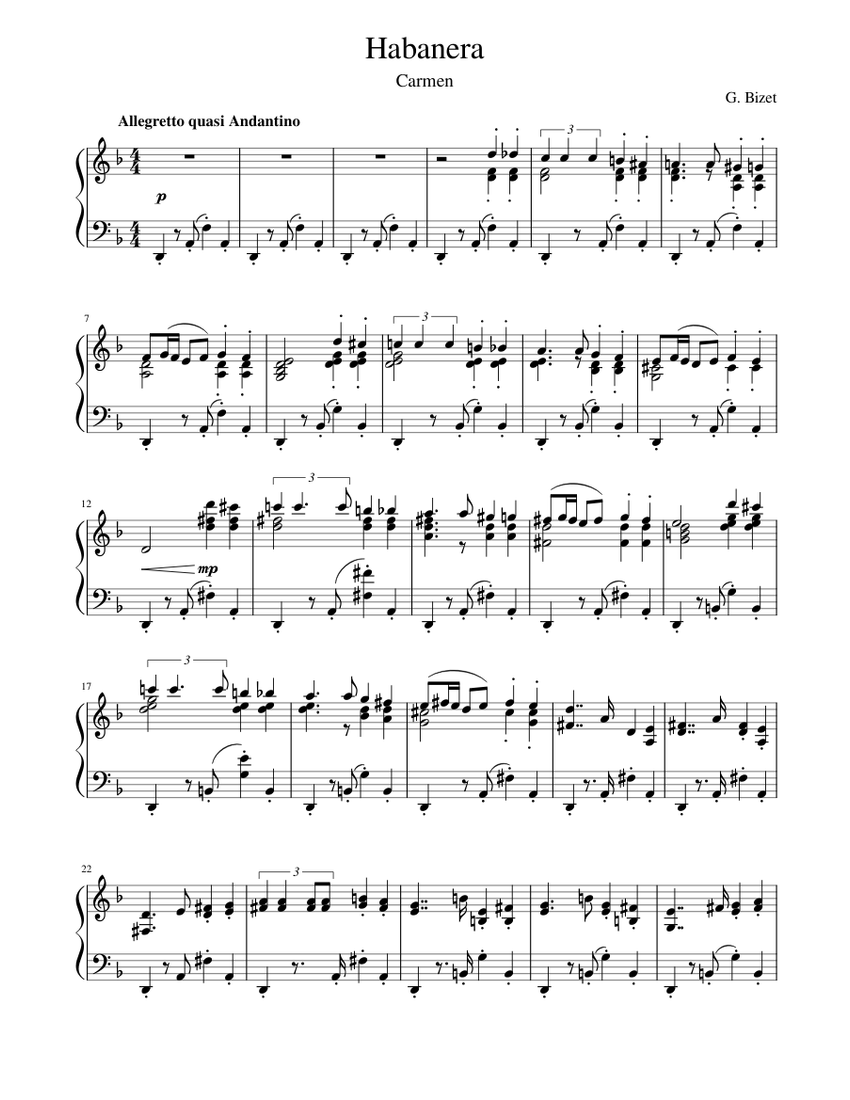 Habanera Georges Bizet Sheet Music For Piano Solo 