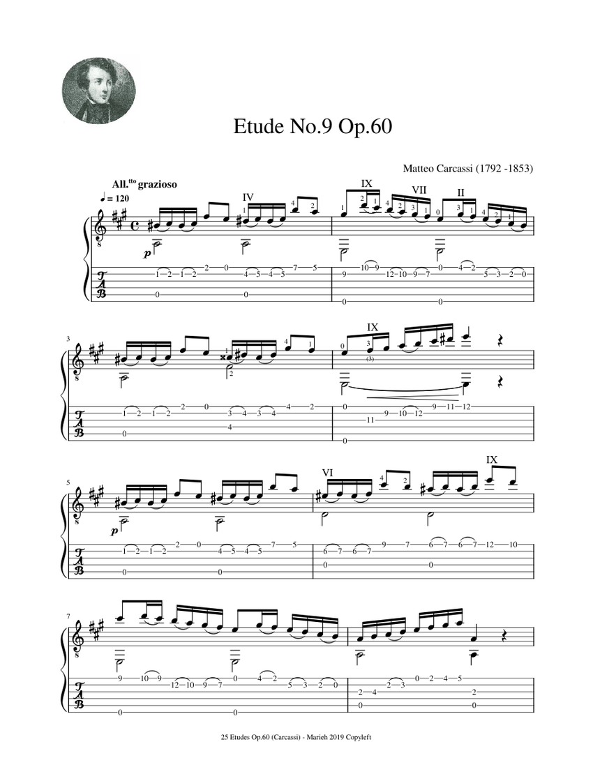 Etude No.9 Op.60 - Matteo Carcassi (1792 - 1853) - Tablature Sheet