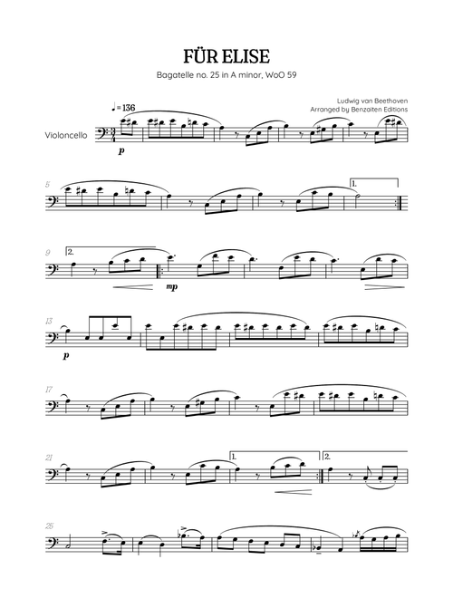 Beethoven • Für Elise / Pour Elise • violoncello sheet music (Arr. Benzaiten Editions) - Ludwig Van Beethoven (Cello Solo)