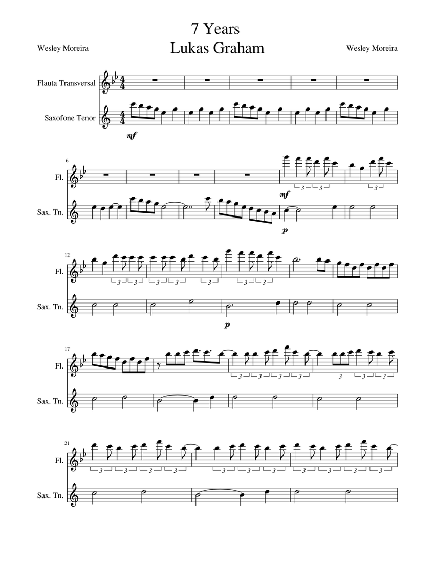 7 YEARS PRONTO Sheet Music for Flute, Saxophone tenor (Woodwind