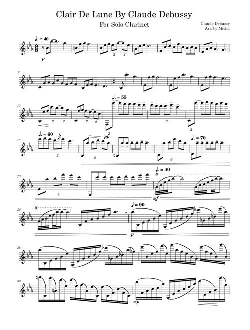 Clair De Lune By Claude Debussy For Solo Clarinet