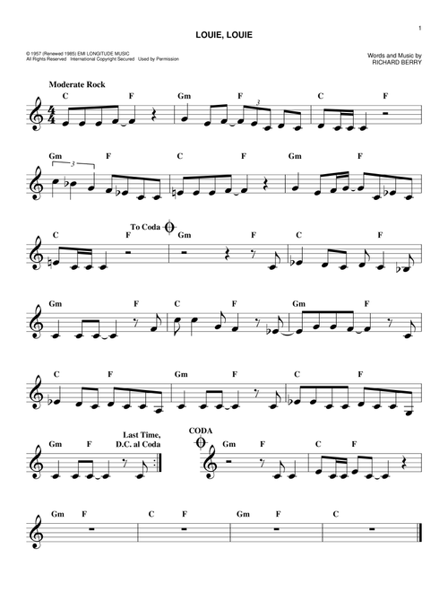 Louie, Louie - Kingsmen (Easy Lead Sheet - Fake Book)