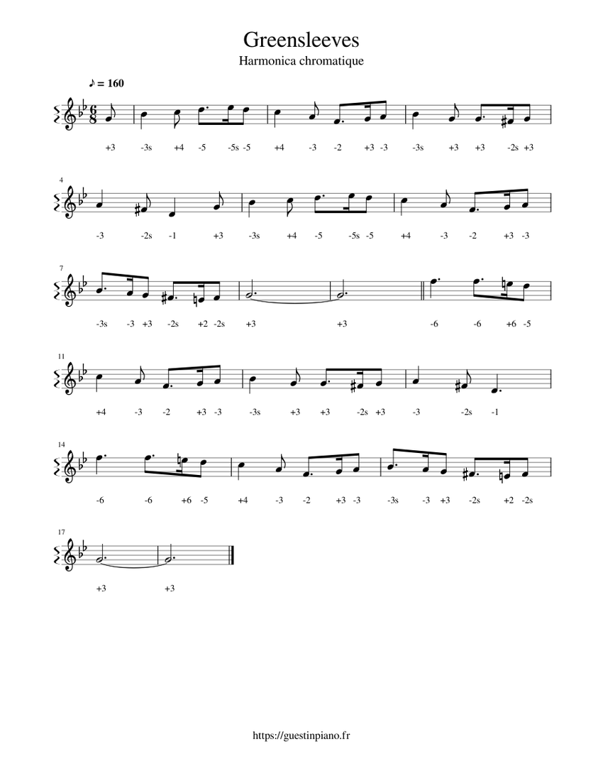 Greensleeves Sheet Music for Harmonica (Solo) | MuseScore.com, image size:850x1100