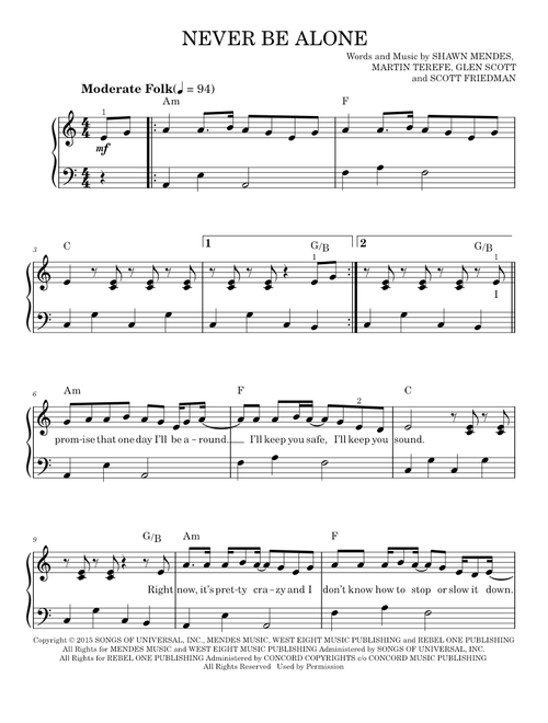 Never be alone - Shawn Mendes (Easy Piano)