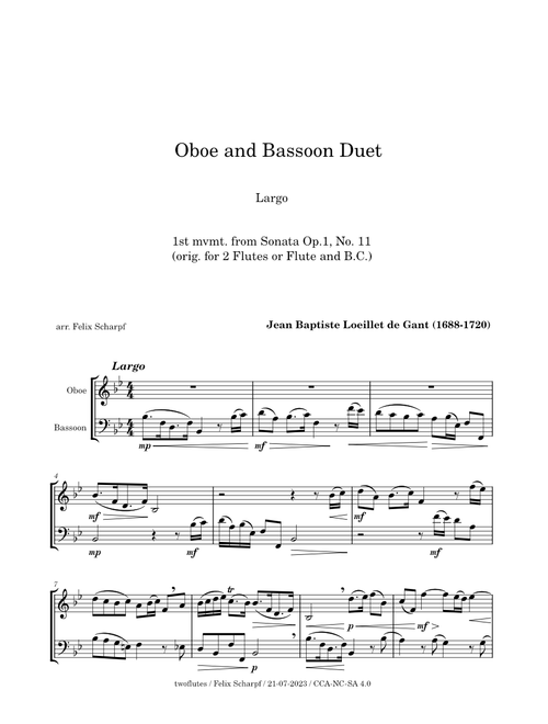 Largo, Op. 1, No. 11 (1st mvmt.) Jean Baptiste Loeillet - arr. for Oboe and Bassoon