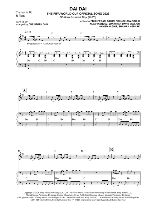 Dai Dai (Arr. Christoph Ohm) - Shakira & Burna Boy (Clarinet and Piano)