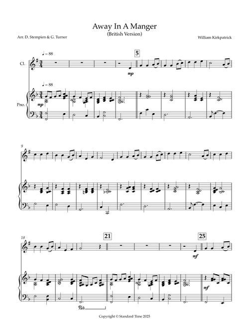 Away In A Manger (Britain, Kirkpatrick) for Clarinet and Piano (Arr. Debra E. Stempien, Gregory H. Turner) - William Kirkpatrick (Clarinet and Piano)