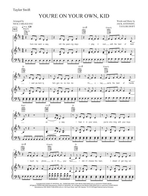You're On Your Own, Kid (Arr. Nicky Carligeanu Birtu) - Taylor Swift (Piano-Vocal-Guitar (Piano Accompaniment))