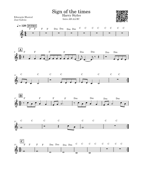 Sign of the Times – Harry Styles - Partitura para Flauta - Educação Musical - José Galvão