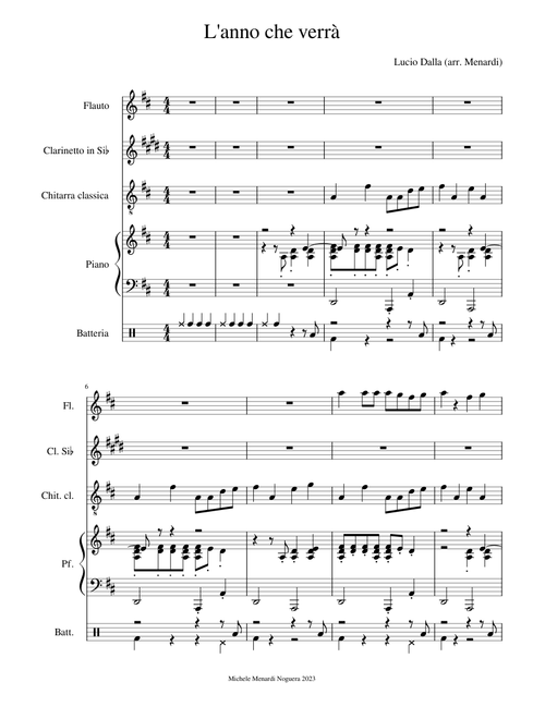 L'Anno che verrà – Lucio Dalla (flauto, clarinetto, chitarra, pianoforte, percussioni)