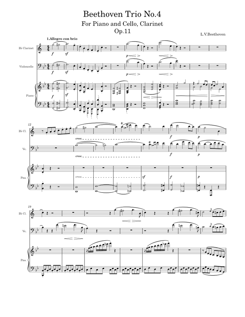 Beethoven Trio No.4 Sheet Music for Piano, in bflat, Cello