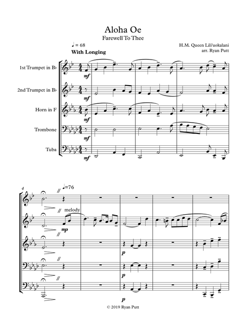 Aloha Oe - Farewell to Thee (Arr. Ryan Putt) - H.M. Queen Lili'uokalani (Brass Ensemble)