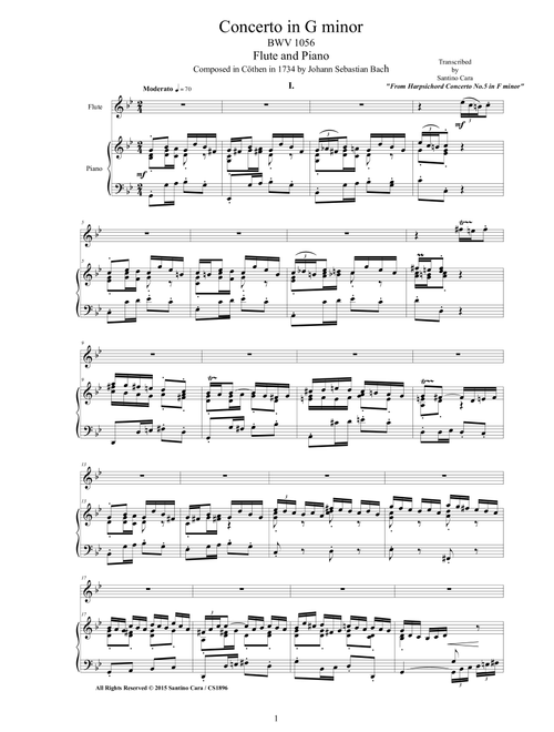 J.S.Bach - Concerto in G minor BWV 1056 - Version for Flute and Piano (Arr. Santino Cara) - Bach Johann Sebastian (Flute and Piano)