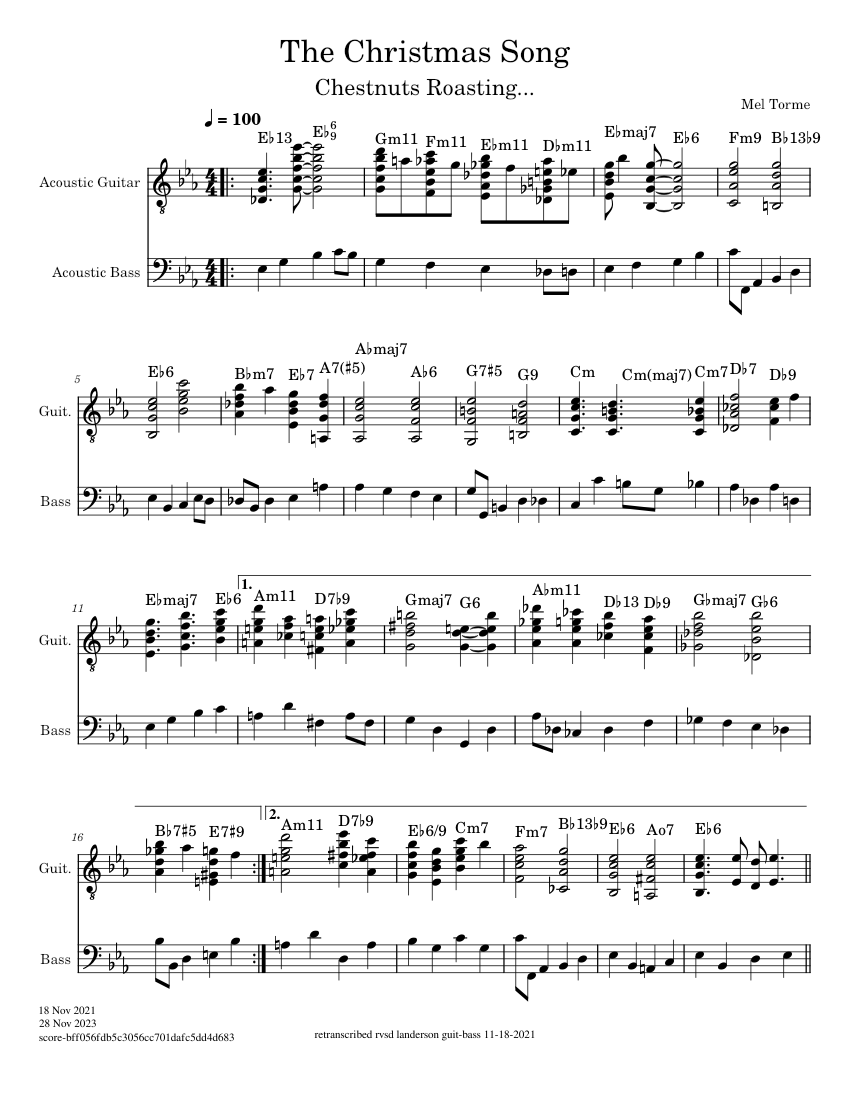 The christmas song mel torm sheet music for guitar bass guitar