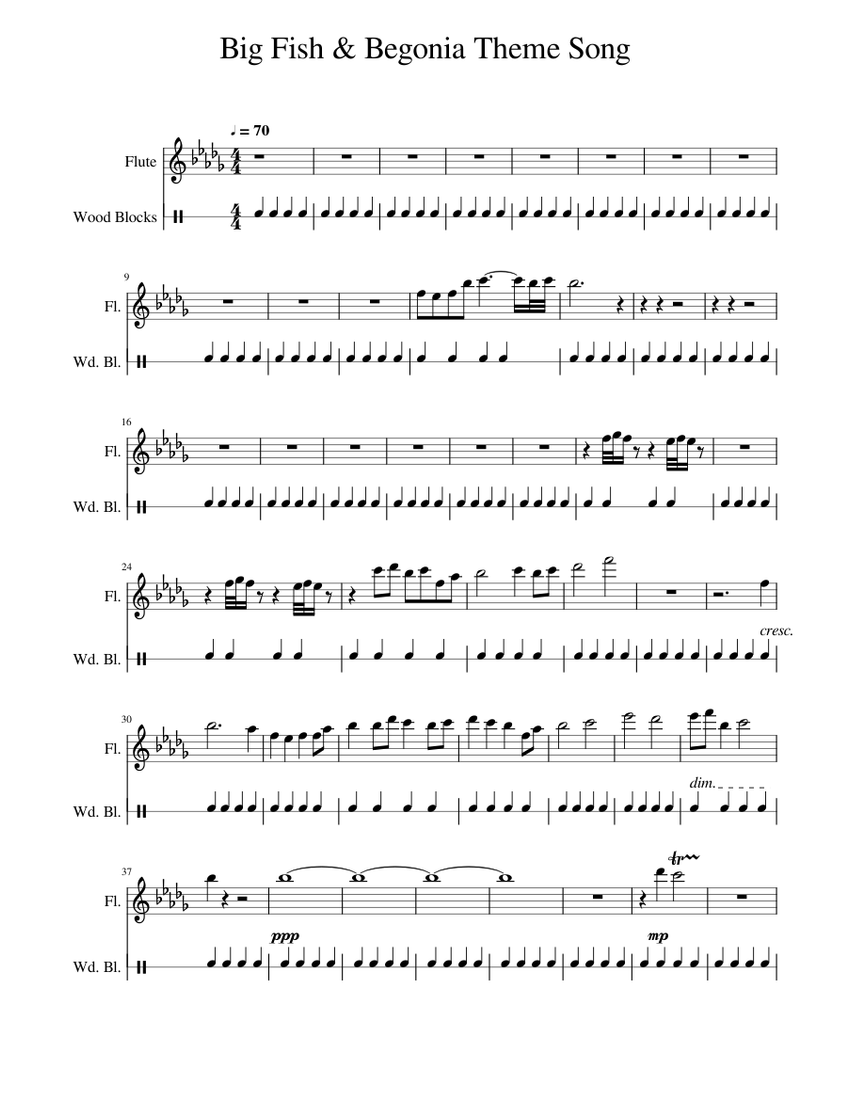 Big Fish & Begonia Theme Song Metronome Sheet Music for Flute ...