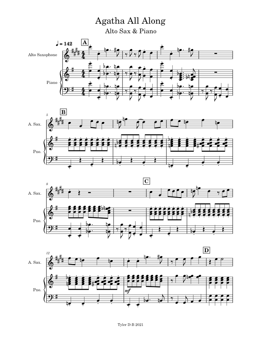 Agatha All Along Alto Sax Sheet Music for Piano, Saxophone