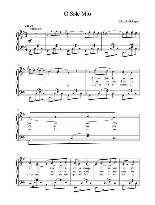 O Sole Mio piano y letra