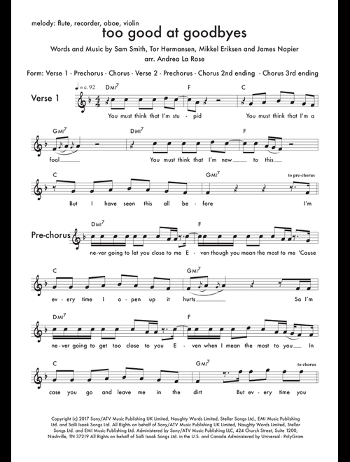 Too Good At Goodbyes (Arr. Andrea La Rose) - Sam Smith (Large Ensemble)