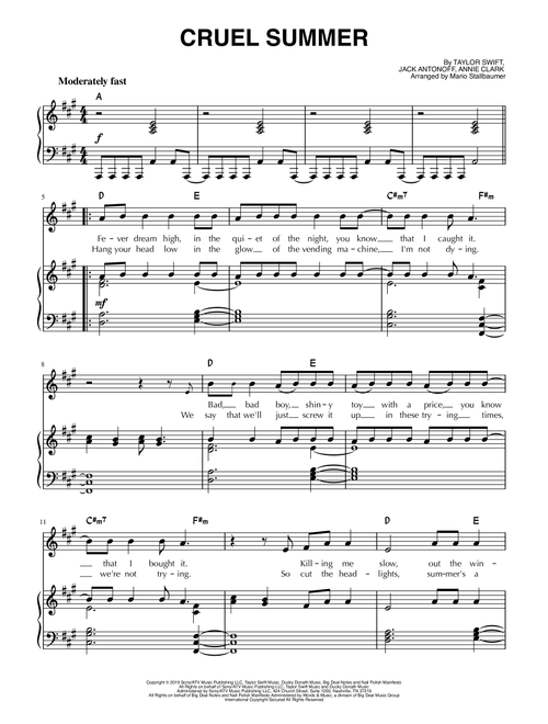 Cruel Summer (Arr. Mario Stallbaumer) - Taylor Swift (Piano-Vocal-Guitar (Piano Accompaniment))