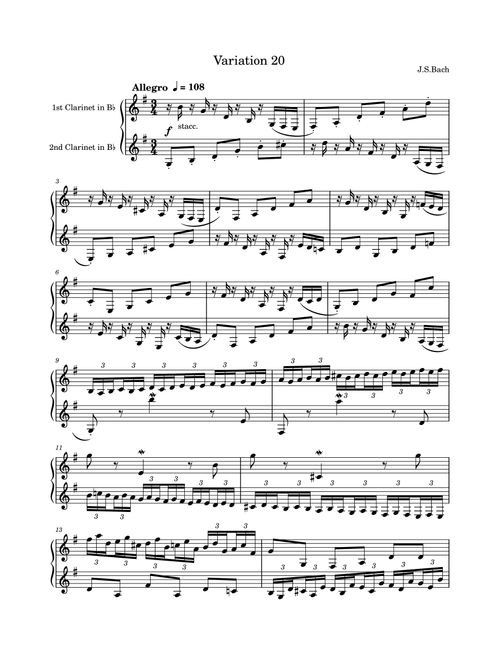J.S.Bach: Goldberg Variation 20 for two clarinets (Arr. Saho Omukai) (Clarinet Duet)