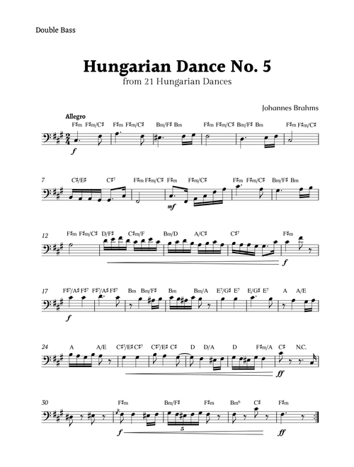 Hungarian Dance No. 5 by Brahms for Double Bass Solo with Chords (Arr. Rika K.) (Instrumental Solo)