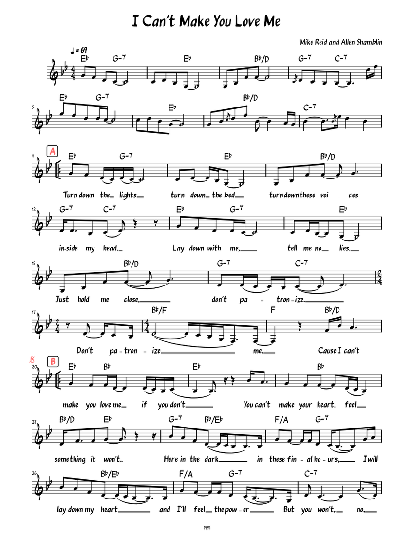I Can't Make You Love Me (Lead sheet with lyrics ) Sheet Music