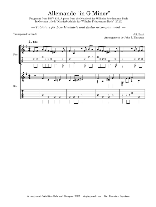 Allemande in G minor, BWV 837 – Johann Sebastian Bach Allemande Fragment from BWV 837 (in Em) - Low G uke and Guitar Duet