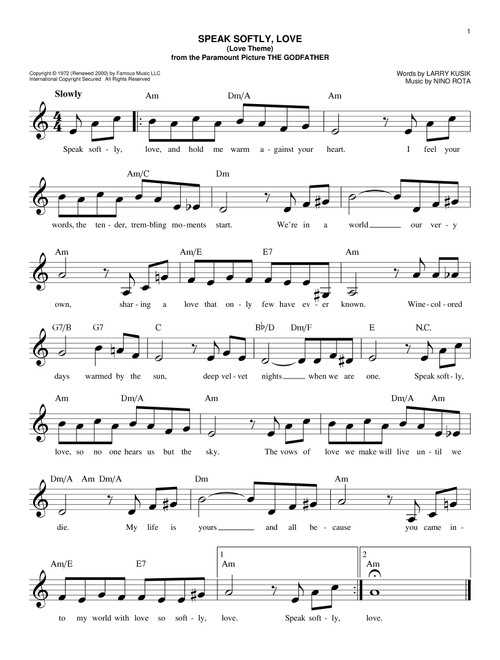 Speak Softly, Love (Love Theme) - Andy Williams (Easy Lead Sheet - Fake Book)