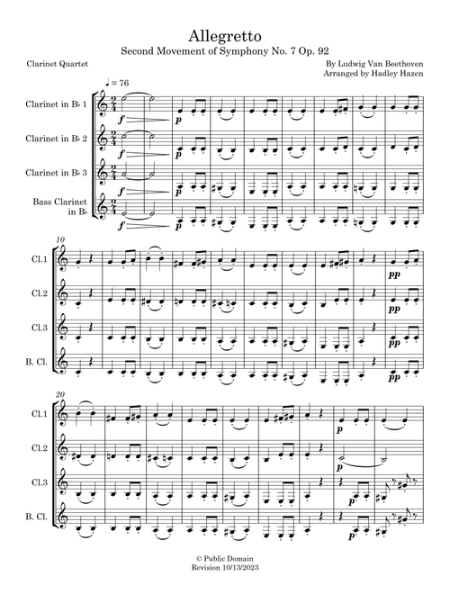 Allegretto from Symphony No. 7 Second Movement Op. 92 for Clarinet Quartet (Arr. Hadley Hazen) - Ludwig van Beethoven (Woodwind Ensemble)