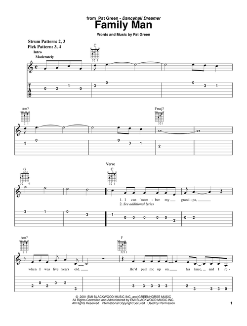 Family Man - Pat Green (Easy Guitar with TAB)