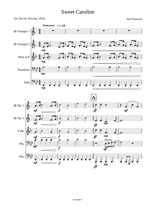 Sweet Caroline - Neil Diamond, arr. Peet du Toit (Brass Quintet)