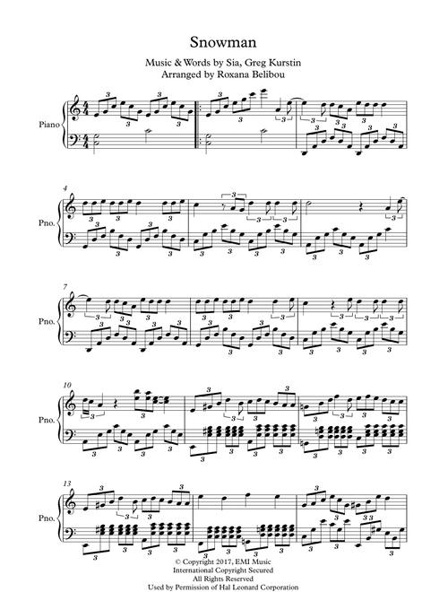 Snowman (Arr. Roxana Belibou) - Sia (Piano Solo)