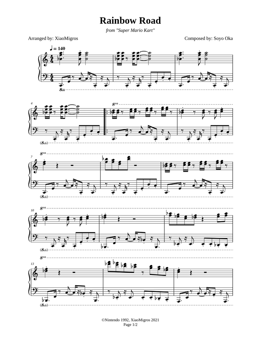 Rainbow Road - Super Mario Kart Sheet Music for Piano (Solo