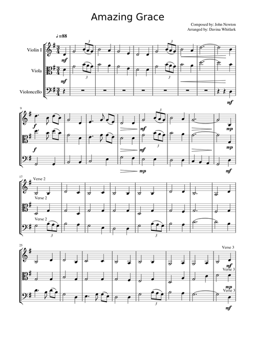 Amazing Grace - String Trio (Violin, Viola, and Cello)