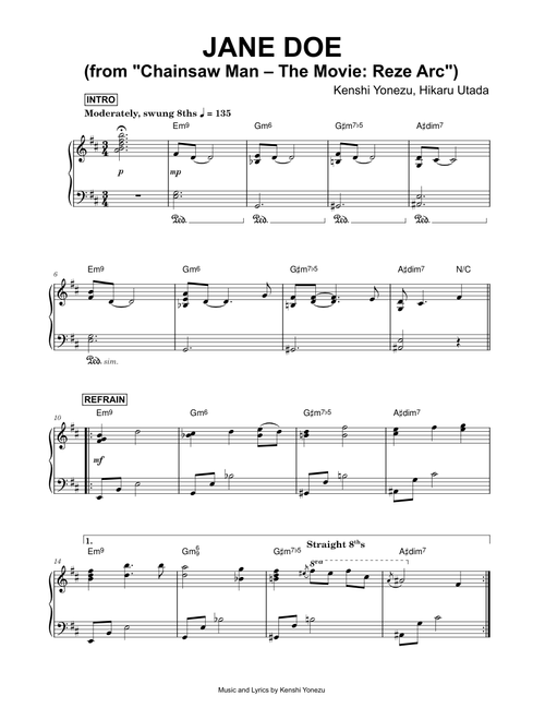 JANE DOE (from Chainsaw Man – The Movie: Reze Arc) - Kenshi Yonezu, Hikaru Utada (Piano)