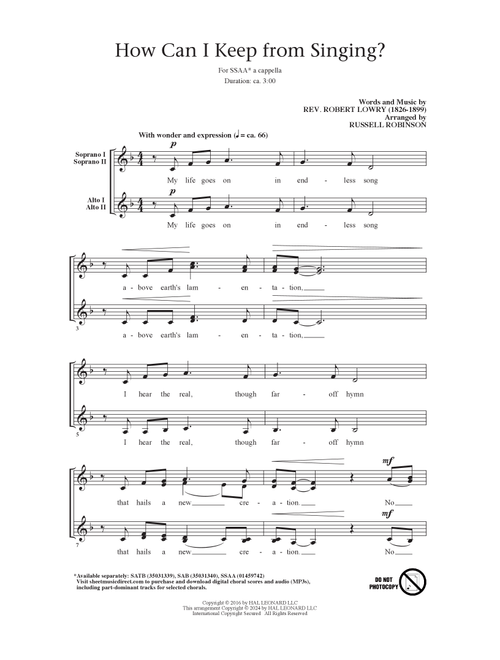 How Can I Keep From Singing? (arr. Russell Robinson) - Robert Lowry (Choral, SSAA)