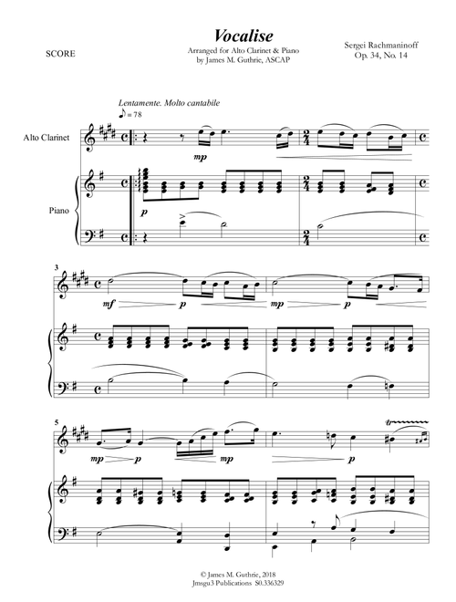 Rachmaninoff: Vocalise for Alto Clarinet & Piano (Arr. James M. Guthrie, ASCAP) - Sergei Rachmaninoff (1873 –1943) (Clarinet and Piano)