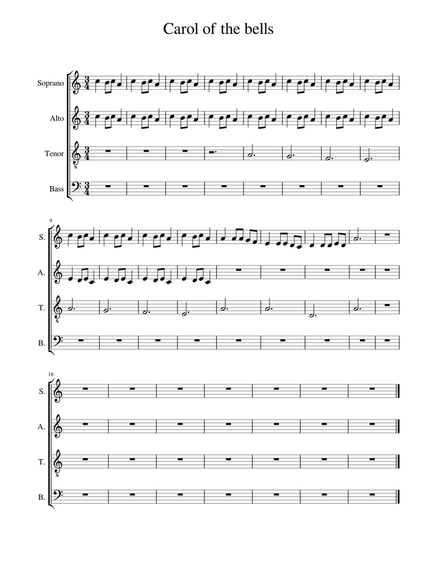 Carol of the bells Sheet Music for Soprano, Alto, Tenor, Bass voice ...