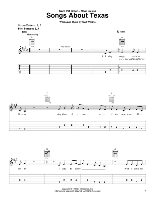 Songs About Texas - Pat Green (Easy Guitar with TAB)