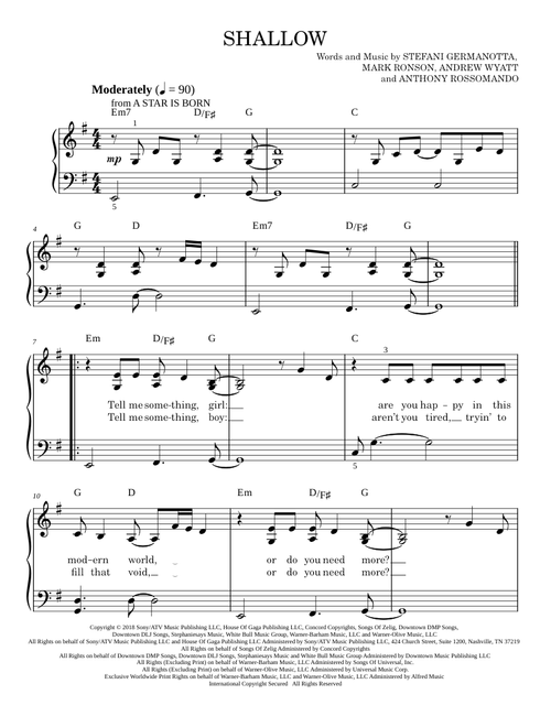 Shallow (from A Star Is Born) - Bradley Cooper, Lady Gaga, Lady Gaga & Bradley Cooper (Easy Piano)