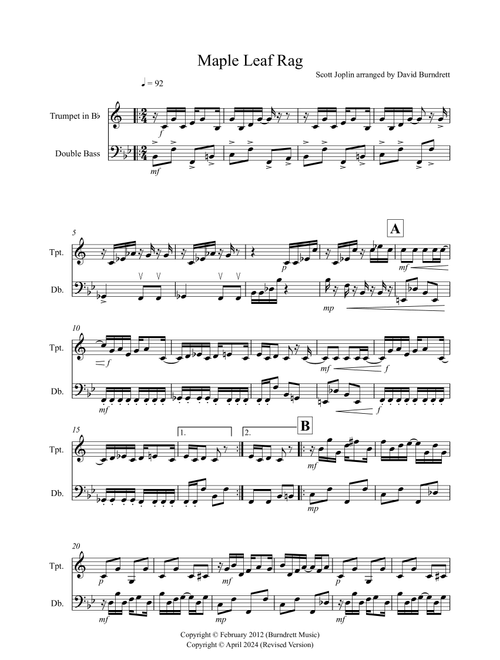 Maple Leaf Rag for Trumpet and Double Bass Duet (Arr. David Burndrett) - Scott Joplin (Instrumental Duet)