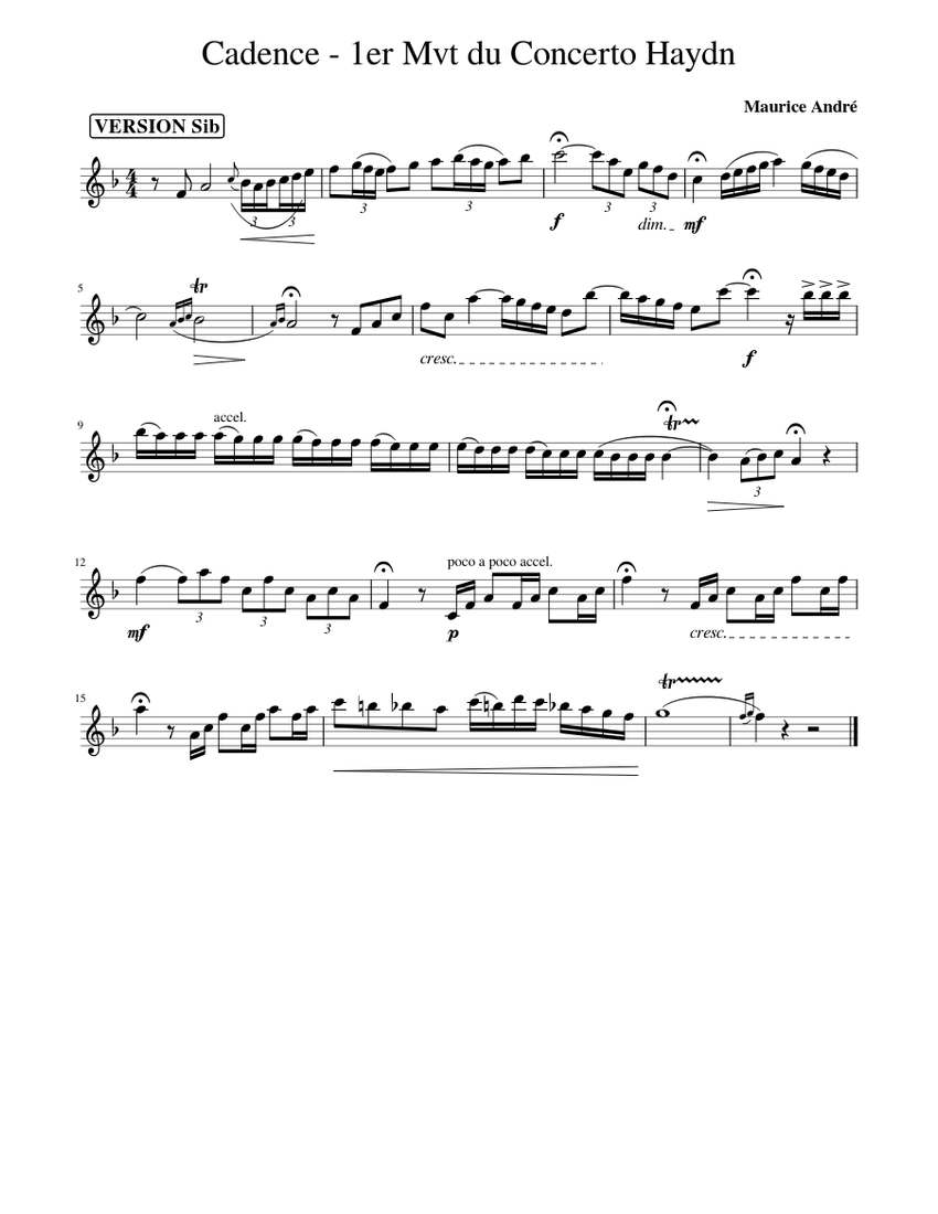 Cadence 1er Mvt du Concerto Haydn Sheet Music for Trumpet in bflat