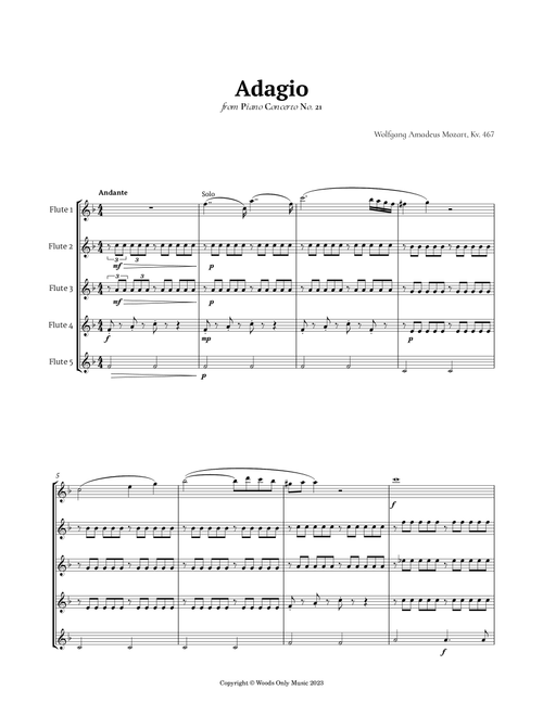 Andante from Piano Concerto No. 21 by Mozart for Flute Quintet (Arr. Ander) (Woodwind Ensemble)